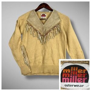 Vtg MILLER Outerwear Western Knitted Tan Suede Fringe Beaded Sweater Size Medium